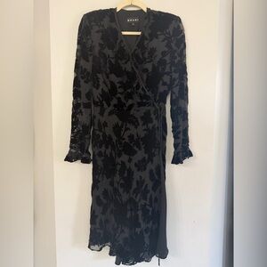 Shani Women’s 4 Black Silk Blend Floral Cutout Sheer Sleeve Midi Wrap Dress